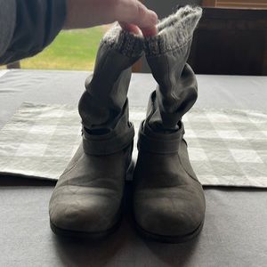 Ankle Gray boots with double buckles & cute sweater material around the top.
